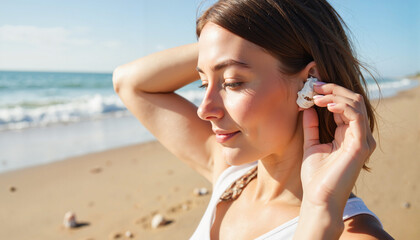 Young woman listening to seashell on sunny beach, peaceful reflection