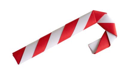 A beautifully crafted red and white striped origami candy cane, perfect for festive holiday designs. Isolated on a transparent background. background removed