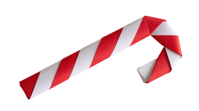 A beautifully crafted red and white striped origami candy cane, perfect for festive holiday designs. Isolated on a transparent background. background removed - Powered by Adobe