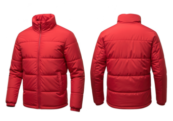 Front and back view of a red puffer jacket on a black background