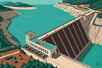 Aerial view of a flat, geometrically shaped peninsula in a reservoir.