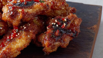 Fiery Korean fried chicken glazed with ruby pepper glaze, perfect for Chuseok celebration or an adventurous Lunar feast