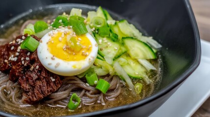 Savor zesty Korean naengmyeon with a rainbow of scallions and sesame, perfect for Chuseok feasting and wellness retreats