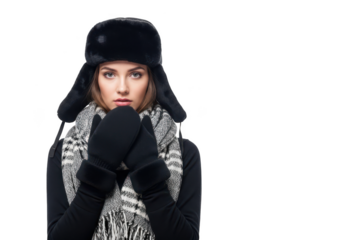 Woman wearing winter hat and scarf isolated on a black background