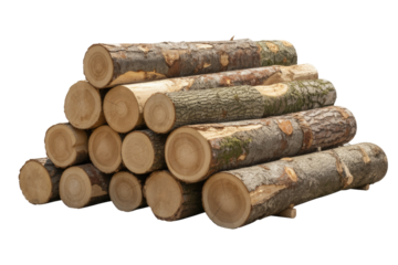 A large, organized stack of freshly cut wooden logs with bark and visible annual rings on their cross-sections, piled against a transparent background. background removed