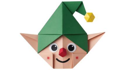 A happy origami elf face with a green hat, pointy ears, big eyes, red nose, and smile, set against a dark transparent background. background removed