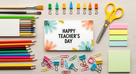 A top-view flat lay of a Teacher’s Day card surrounded by colorful school stationery—pencils, crayons, paintbrushes, scissors, sticky notes, and paper clips—arranged neatly on a light wooden surface.