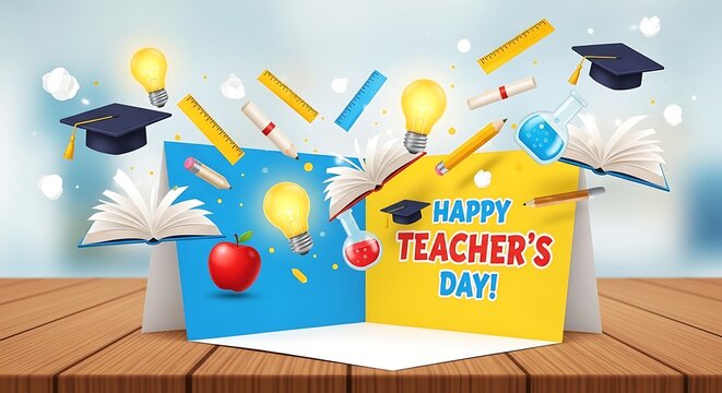 A modern digital-style illustration showing a Teacher’s Day card on a desk, surrounded by floating educational icons like books, light bulbs, rulers, and graduation caps