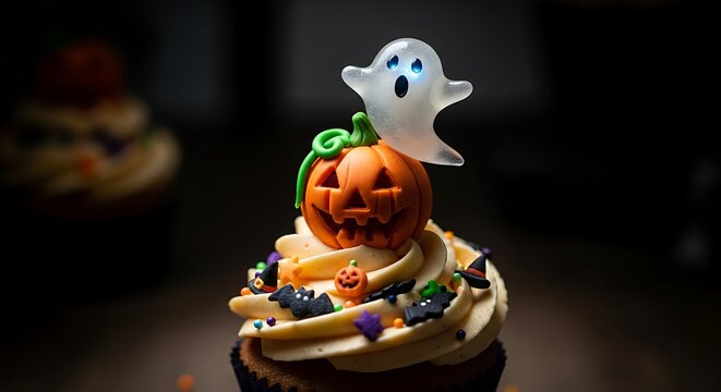 A Halloween cupcake with a carved pumpkin topper and a small, semi-transparent ghost made of sugar glass floating just above it - Powered by Adobe