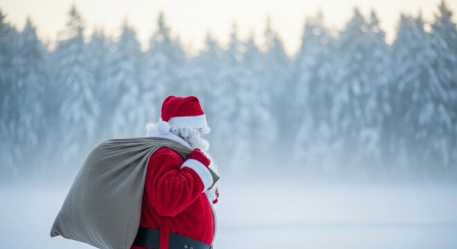 Santa Claus carrying a sack while walking in snowy forest landscape  