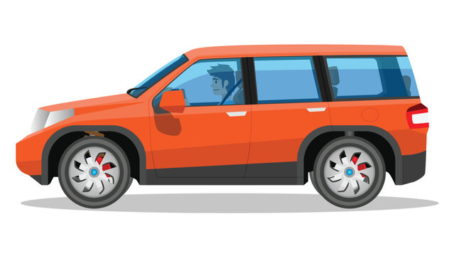 Concept vector illustration of detailed side of a flat van car orange color. Can view interior of car with driver. Seven seat multi purpose vehicle.