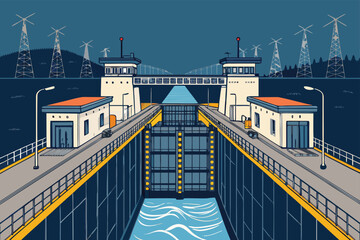 Top view of an industrial intake channel leading to turbines.