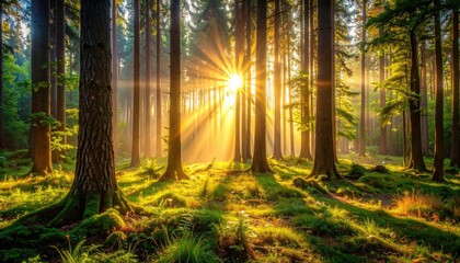 Sun Rays Shining Through Tall Evergreen Trees in a Lush Forest During Golden Hour With Green Undergrowth and Long Shadows
