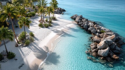 Tropical Island Coastline With White Sand Beach Turquoise Water Palm Trees And Rocky Outcrop Aerial View