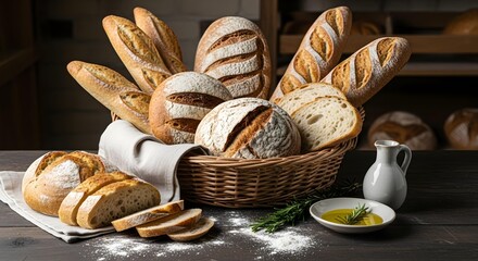 Assorted artisan breads and baguettes displayed in a wicker basket on a farmhouse table