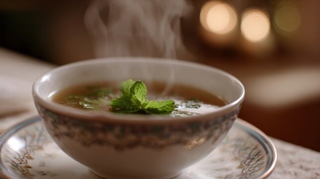 Steaming minty elixir swirls in a delicate porcelain bowl, evoking Chinese New Year warmth and soul-nurturing ritual