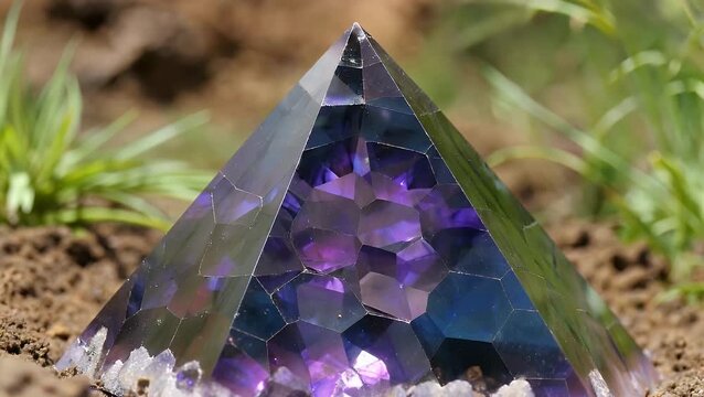 Detailed View of a Handcrafted Pyramid Composite Containing Metallic Particles and Embedded Crystals on an Organic