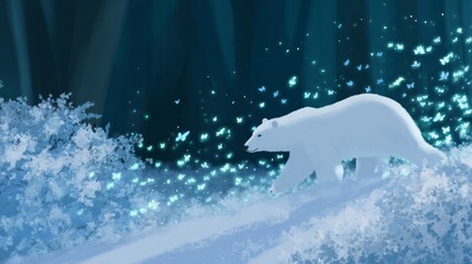 Ethereal polar bear promenades through luminescent butterfly cascade, enchanting Yuletide resonance, aurora-kissed Arctic serenity, surreal winter's nocturne