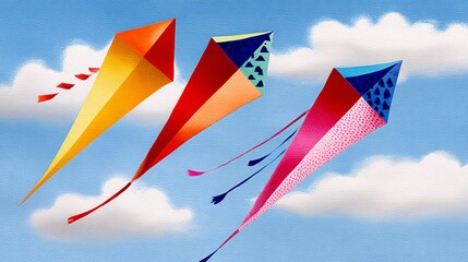 Colorful kites soaring high in a bright blue sky with fluffy white clouds, showcasing vibrant designs and playful movement, evoking a sense of joy and freedom in a cheerful atmosphere