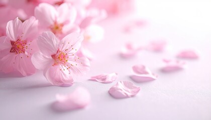 Delicate Pink Cherry Blossoms Gently Falling on a Soft Light Background Representing Spring and Renewal