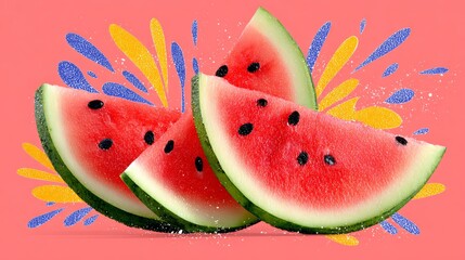 Fresh watermelon slices arranged artistically on a vibrant pink background, showcasing juicy red flesh and black seeds, with colorful splashes enhancing the summer fruit concept and visual appeal