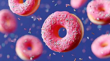 Colorful donuts with pink frosting and sprinkles are floating in mid-air against a vibrant blue background, creating a whimsical and playful atmosphere for dessert lovers and food enthusiasts