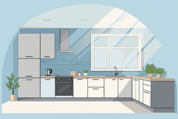 Wide view of modern kitchen with sunlight through.