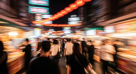 Night market crowd in motion — abstract blur capturing energy, lights, and festive shopping