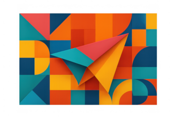 Abstract geometric colorful pattern with dynamic paper shapes creating a forward-moving arrow on transparent background