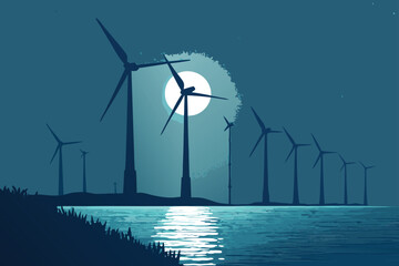 Wind farm at night, illuminated turbine lights glowing.