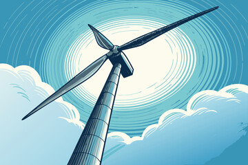 A wind turbine viewed from a low angle against the sky.