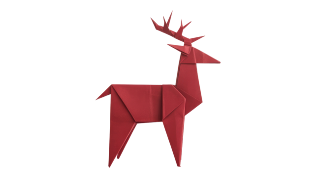 A beautifully folded red origami deer stands gracefully against a solid transparent background, showcasing intricate paper art and minimalist design. background removed