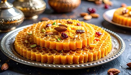 Golden Yellow Filipino Yema Candies With Nuts And Dried Fruits Arranged On A Silver Platter With A Dark Textured Background