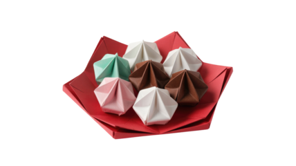 A vibrant red origami bowl showcases an assortment of colorful paper candies or meringues, meticulously folded and arranged. background removed