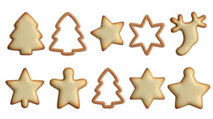 A delightful collection of Christmas-themed cookies in various festive shapes, including trees, stars, a gingerbread man, and a reindeer. background removed