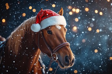 Charming Chestnut Companion Wearing a Red Santa Hat in a Snowy Winter Wonderland Scene