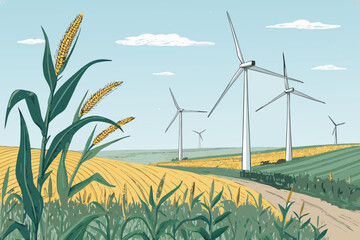 Wind turbines power irrigation in a cornfield.