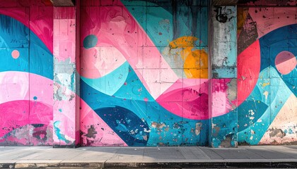 Graffiti Mural On Textured Concrete Wall With Abstract Shapes In Pink Blue Yellow And Teal Colors Under Sunlight