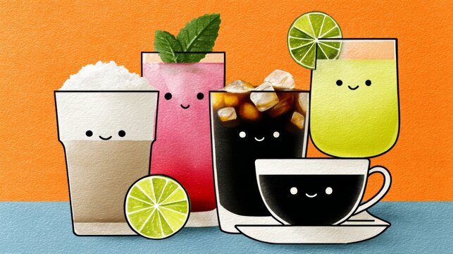 Colorful illustration of cheerful beverage characters including iced coffee, lemonade, and smoothie, arranged on a vibrant background, showcasing playful design and inviting atmosphere for summer enjo