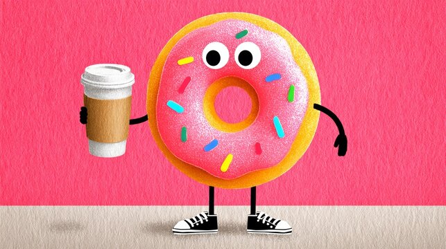Colorful cartoon donut character holding a coffee cup, featuring a pink icing design with sprinkles, set against a vibrant pink background, creating a playful and whimsical atmosphere - Powered by Adobe