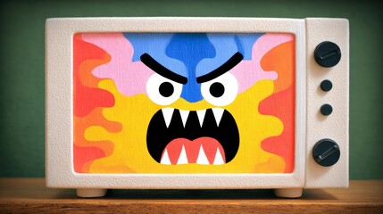 Colorful cartoon monster illustration displayed on vintage television set, featuring exaggerated facial expressions and vibrant background, creating a playful and humorous atmosphere in a retro settin
