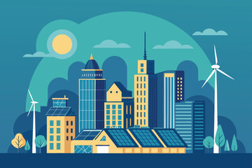 Futuristic city with solar rooftops and wind turbines.