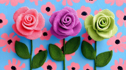 Colorful knitted roses in pink, purple, and green arranged on a vibrant floral background, showcasing intricate textures and craftsmanship, ideal for spring themes and decorative purposes