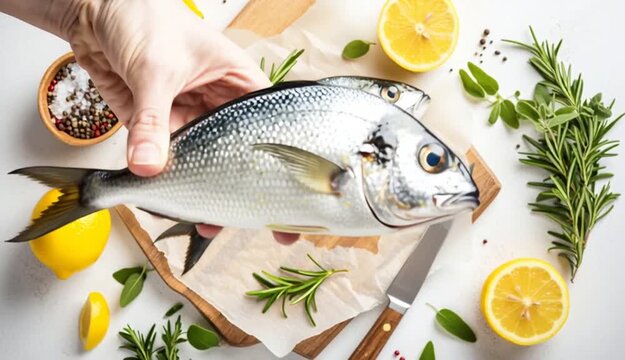 Overhead flat lay food photography, two fresh raw dorado fish on wooden cutting board with parchment paper, kitchen knife beside fish, light beige stone or marble textured background, fresh rosemary