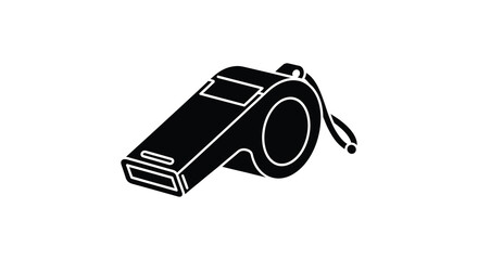 Black and white illustration of a sports whistle with a lanyard on a white background