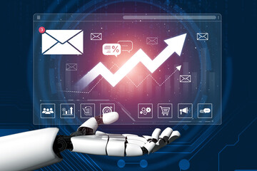 An AI assistant displays a dashboard with real-time email marketing analytics. The system...