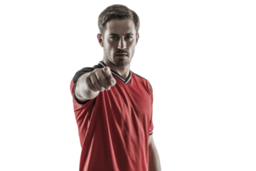A serious male athlete in a red jersey points directly at the camera, conveying determination and challenge against a transparent background. background removed