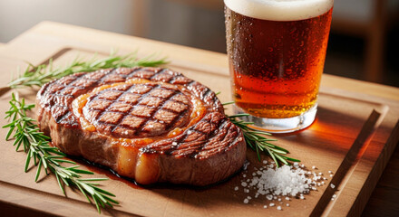 Grilled steak with beer and rosemary garnished on wooden board  