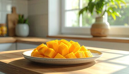A Plate Of Freshly Cut Mangoes In A Bright Kitchen With Sunlight Streaming Through The Window