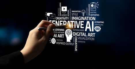 Fototapeta premium A hand grips a pen, crafting concepts of generative AI. This image explores the intersection of creativity and technology, illustrating modern digital art. Tessel